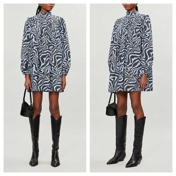 Ganni Blue Tiger Printed Cotton Poplin Mini Dress Medium Oversize Balloon Sleeve - Picture 1 of 14